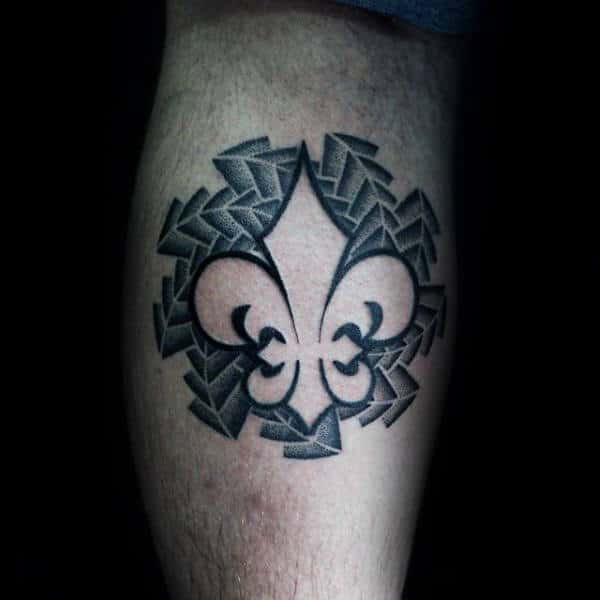 Back Of Leg Calf Guys Negative Space Fleur De Lis Geometric Tattoos