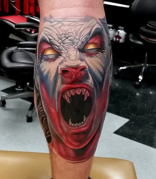 Back Of Leg Calf Guys Vampire Fangs Tattoo