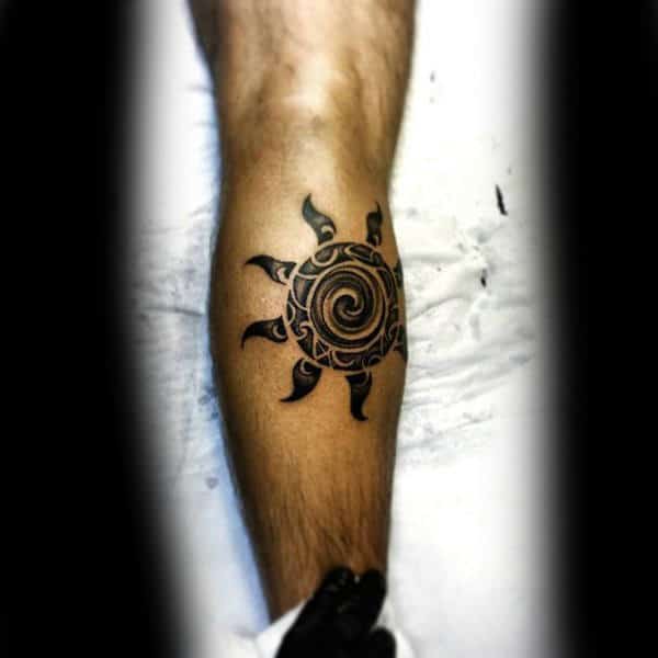 Back Of Leg Calf Hawaiian Tribal Sun Male Tattoos