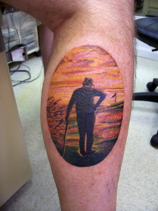 Back Of Leg Calf Tattoos Of Beautiful Oval Stamp Contemplating Golfer For Guys