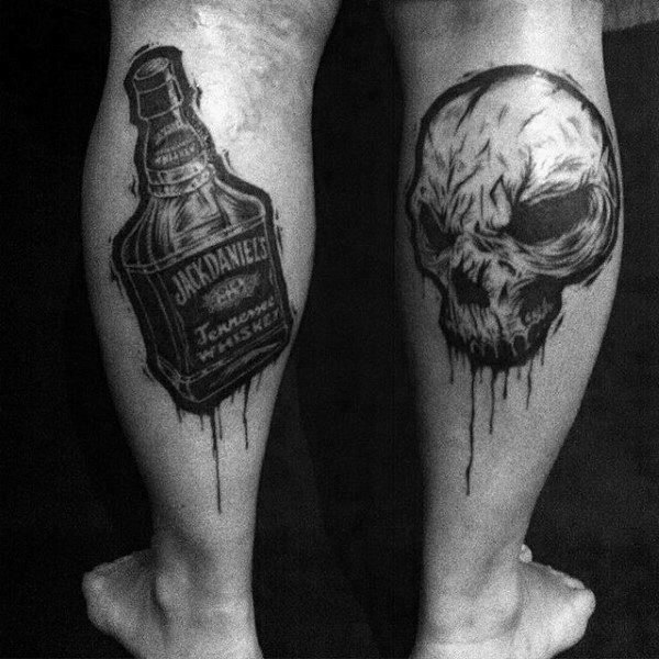 Back Of Leg Calf With Skull And Jack Daniels Bottle Guys Tattoos