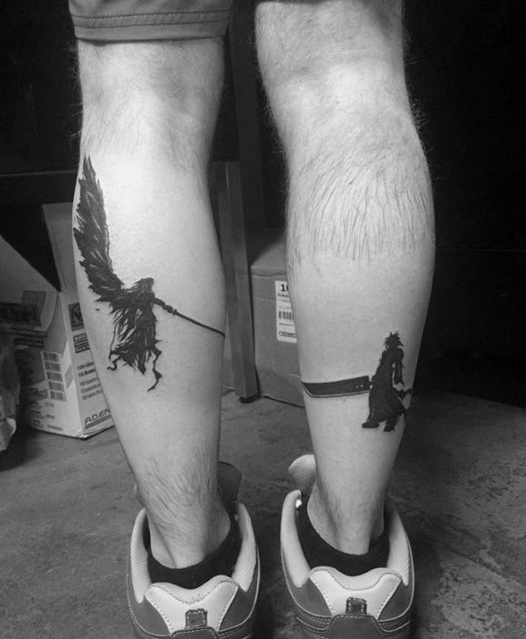 back of leg calfs mens black ink final fantasy tattoo