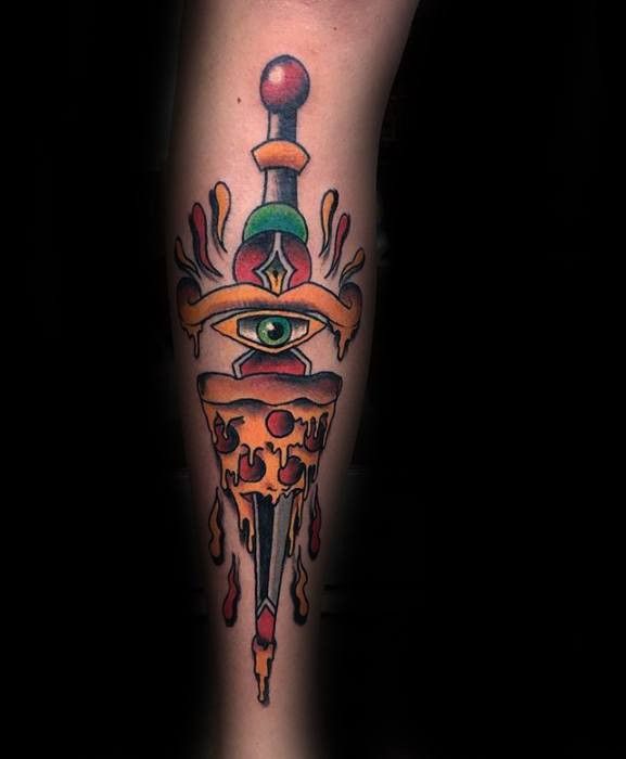 Back Of Leg Dagger Pizza Tattoos Guys