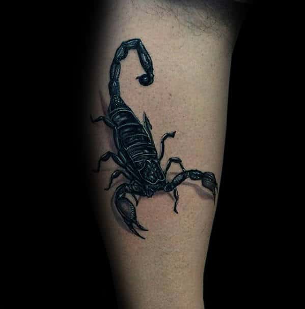 Sure! Here's a description for a realistic black scorpion tattoo on a person's skin: The tattoo depicts an intricately detailed black scorpion, capturing the lifelike essence and menacing elegance of the creature. Its segmented body is shaded to create depth, with highlights that imitate the natural sheen of its exoskeleton. The pincers, poised in an assertive stance, convey strength and readiness. Each leg is carefully articulated, giving the impression of subtle movement across the skin. The tail curls slightly upward into a poised stinger, enhancing the dynamic and fierce aesthetic of this lifelike design