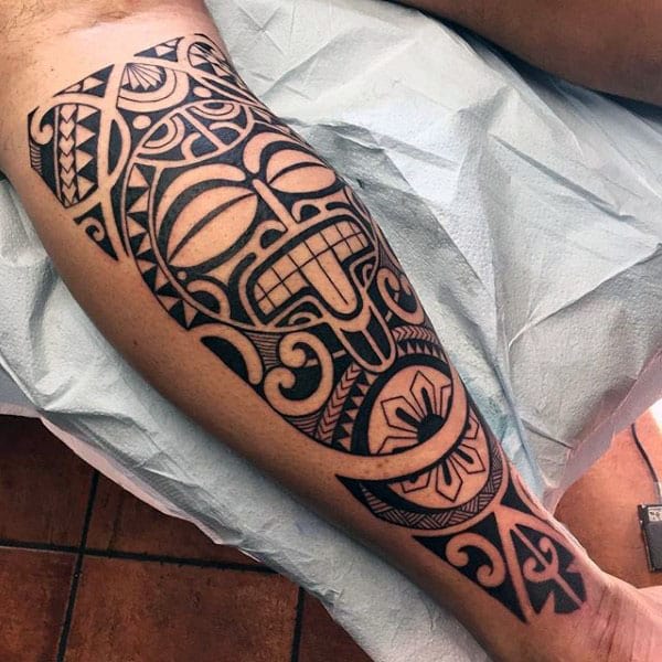 Back Of Leg Guys Hawaiian Tribal Tattoo Design Ideas