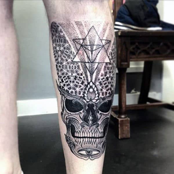 Back Of Leg Guys Pointillism Skull Tattoo Ideas