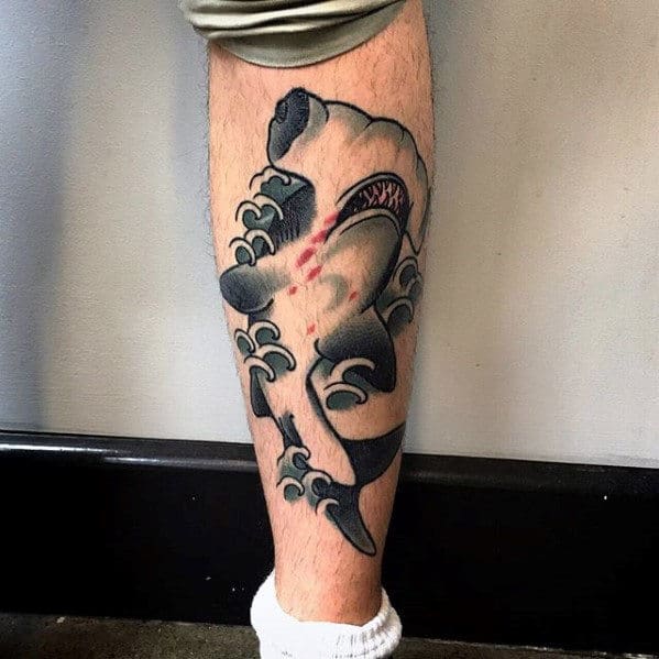 Back Of Leg Guys Swimming Hammerhead Shark Traditional Tattoos