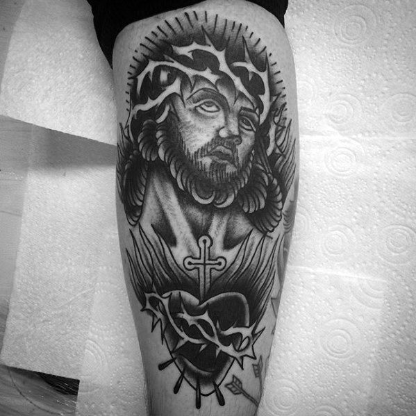 Back Of Leg Guys Traditional Jesus Eternal Heart Tattoo Ideas