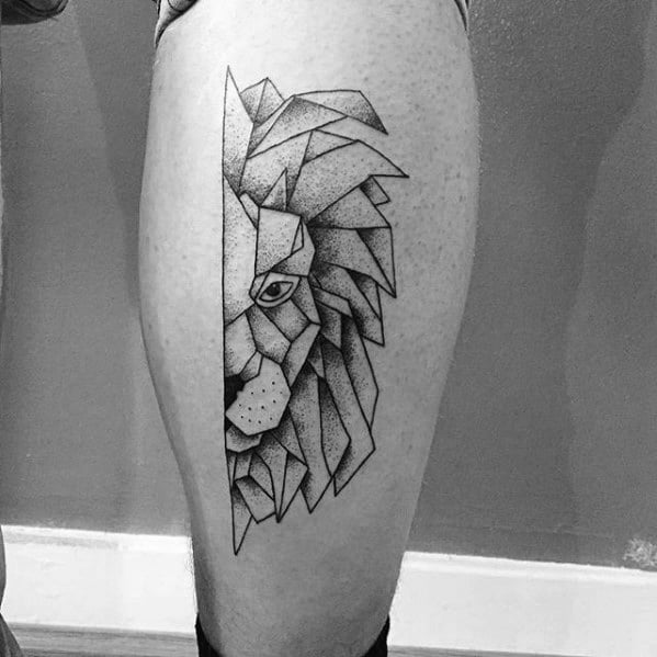 Back Of Leg Half Geometric Lion Tattoo Ideas On Guys