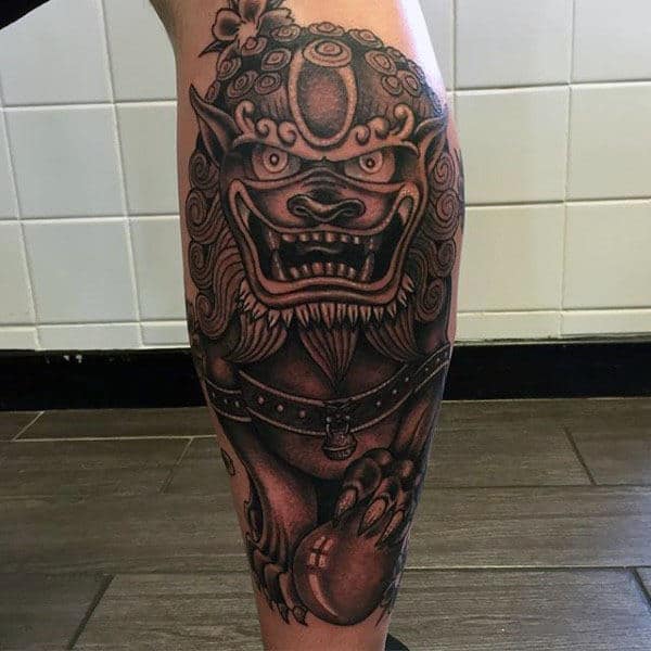 Back Of Leg Male Foo Dog Tattoo Ideas