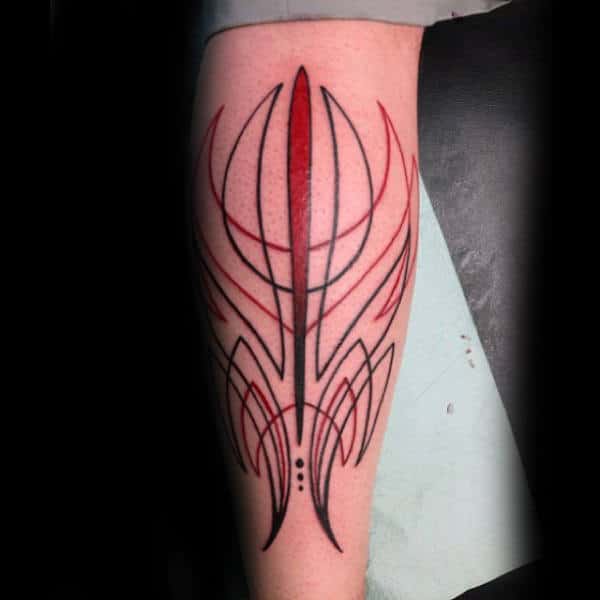 Back Of Leg Male Pinstripe Shaded Red Ink Tattoo Designs