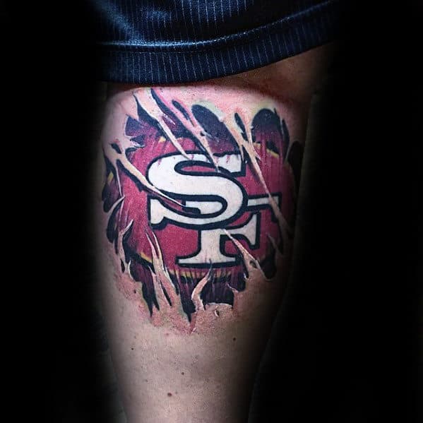 Back Of Leg Male San Francisco 49ers Ripped Skin Logo Tattoo Designs