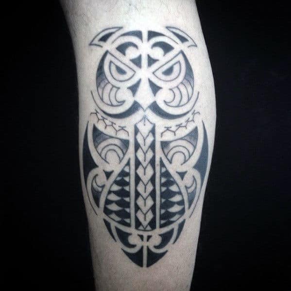 Back Of Leg Male Tribal Owl Polynesian Tattoo Designs