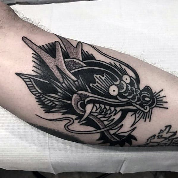 Back Of Leg Mens Traditional Dragon Head Shaded Tattoo Designs