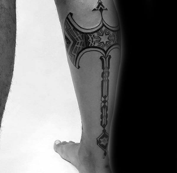Back Of Leg Ornate Axe Male Tattoos