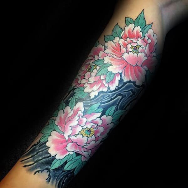 Back Of Leg Pink Peony Mens Sleeve Tattoos