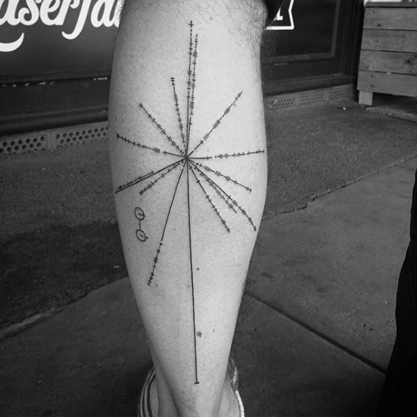 Black line tattoo of a geometric starburst, resembling a pulsar map, on a person's leg near the ankle
