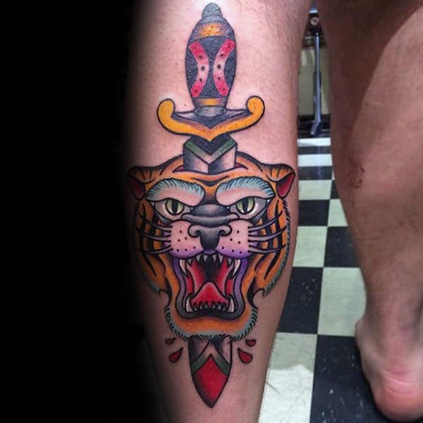 Back Of Leg Traditional Tiger Dagger Guys Tattoos