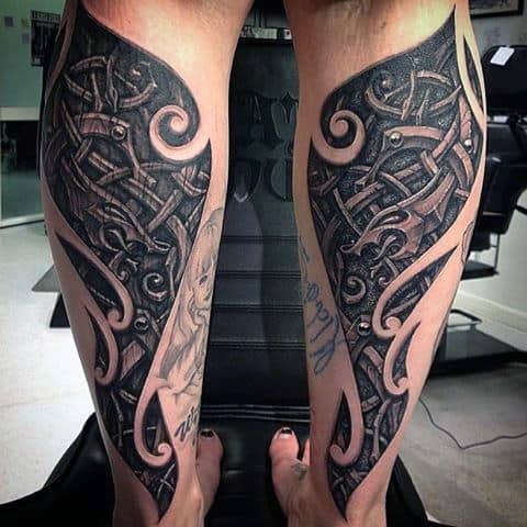 Back Of Leg Tribal Knot Mens 3d Wood Carving Tattoos