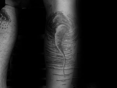 Back Of Leg Woodcut Guys Tornado Tattoo Design Inspiration
