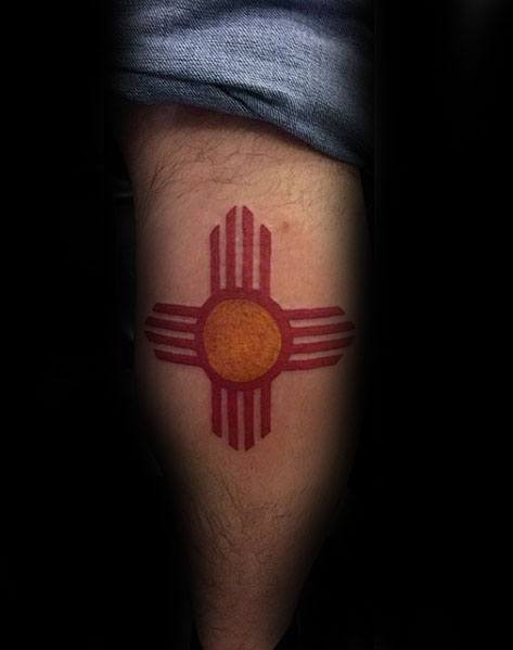 Back Of Leg Yellow Sun With Red Ink Male Cool Zia Tattoo Ideas
