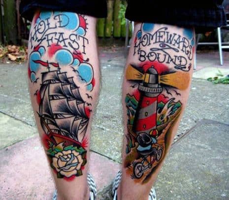 Back Of Legs Hold Fast Traditional Lighthouse Mens Tattoos