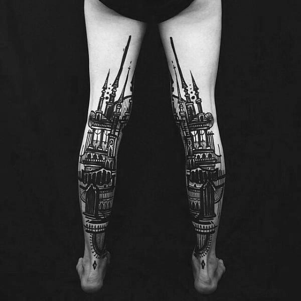 Back Of Legs Vintage Building Tattoos For Gentleman