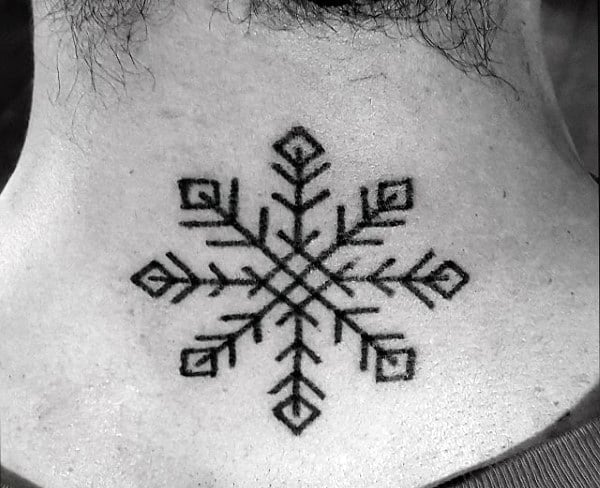 Back Of Neck Black Ink Linework Snowflake Tattoos For Guys