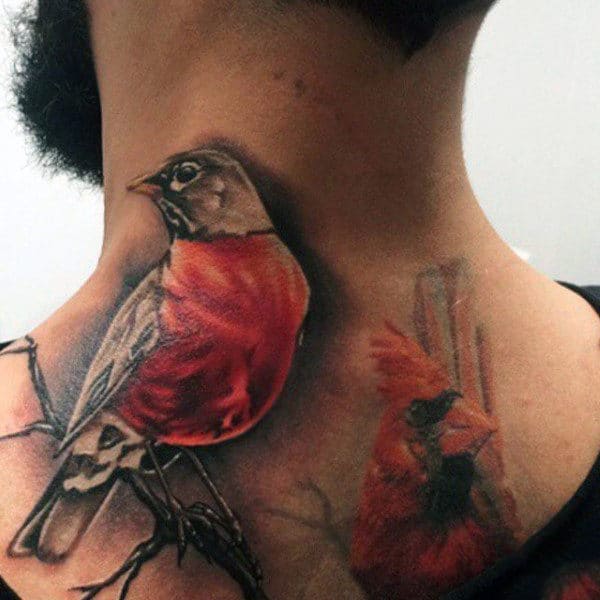 Back Of Neck Cardinal Realistic Mens Tattoo Ideas