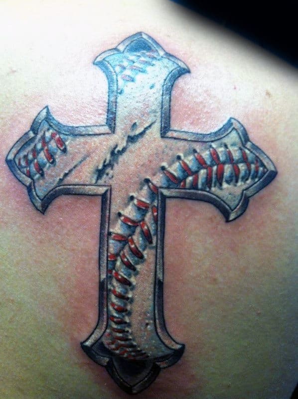 Back Of Shoulder Male Baseball Cross Tattoo