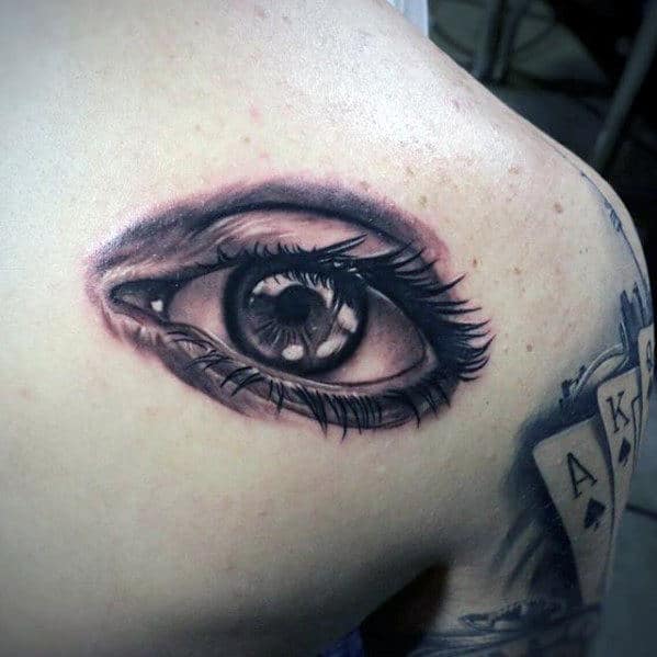 Back Of Shoulder Mens Detailed Realistic Eye Tattoo