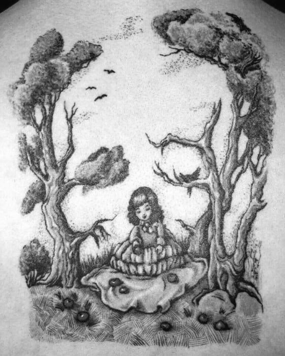 Whimsical tattoo of a girl sitting on a mushroom in a forest scene, surrounded by twisted trees, clouds, and birds in the sky.