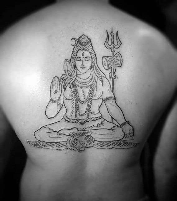 Back tattoo outline of Lord Shiva in a meditative pose with trident, raised blessing hand, and seated on a tiger skin, symbolizing divine power.