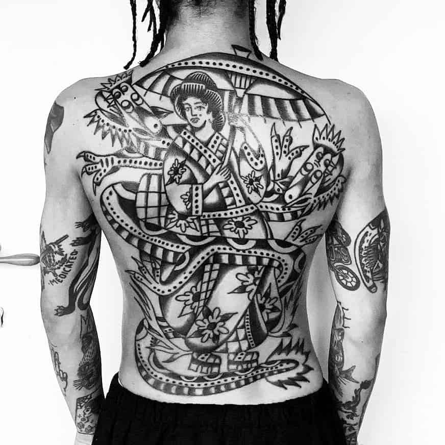 Bold blackwork back tattoo of a Geisha with a parasol, surrounded by a stylized dragon, featuring intricate patterns and strong lines.