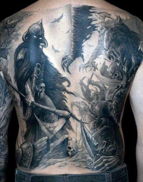 Intricate full back tattoo depicting a Viking battle scene with various characters