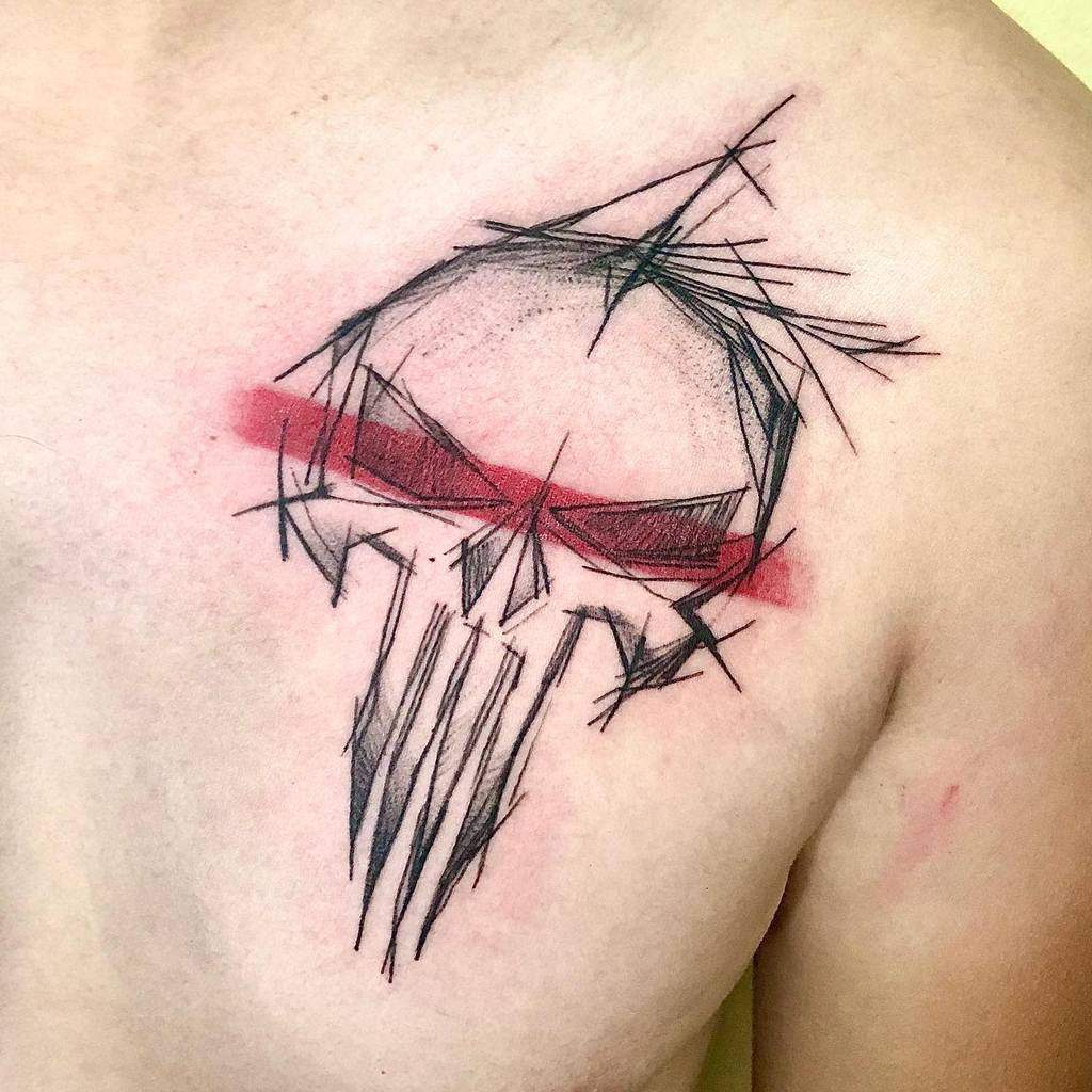 Abstract Punisher Skull tattoo with sketch-style lines and a red brushstroke crossing the eyes, adding bold, modern flair