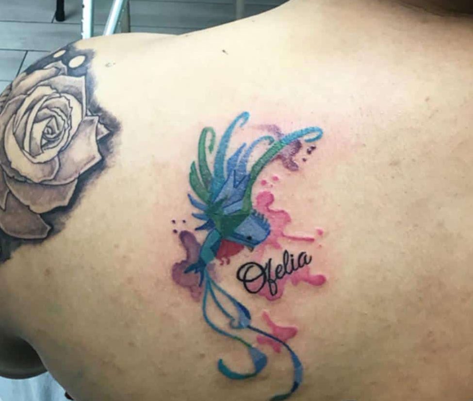 Watercolor-style quetzal tattoo on upper back, featuring a blue and green bird in flight with flowing tail feathers and pink splashes, alongside the name 'Ofelia' in cursive