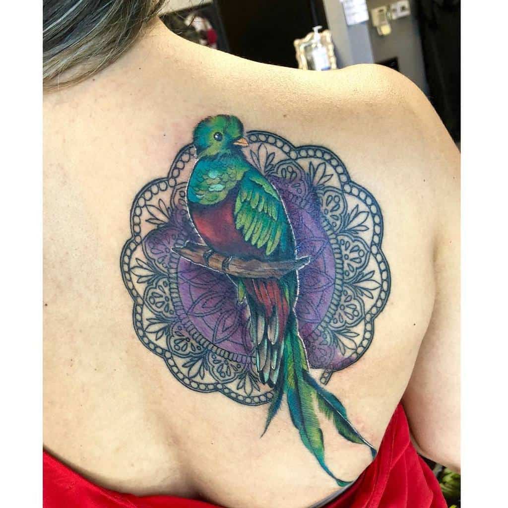 Quetzal tattoo with a vibrant mandala design graces a person's upper back, complementing a striking red garment