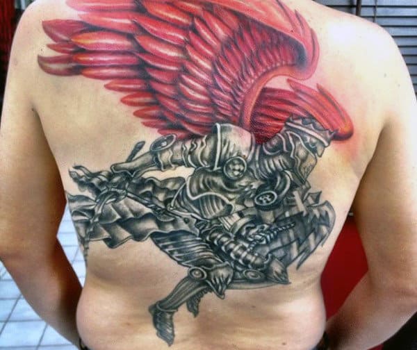Back Red Winged Knight Tattoo For Males