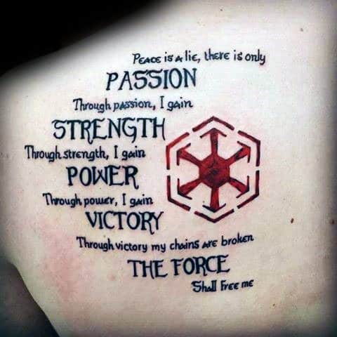 Sith Code tattoo in bold black text with red Sith Empire symbol at the center, featuring phrases about passion, strength, and power.
