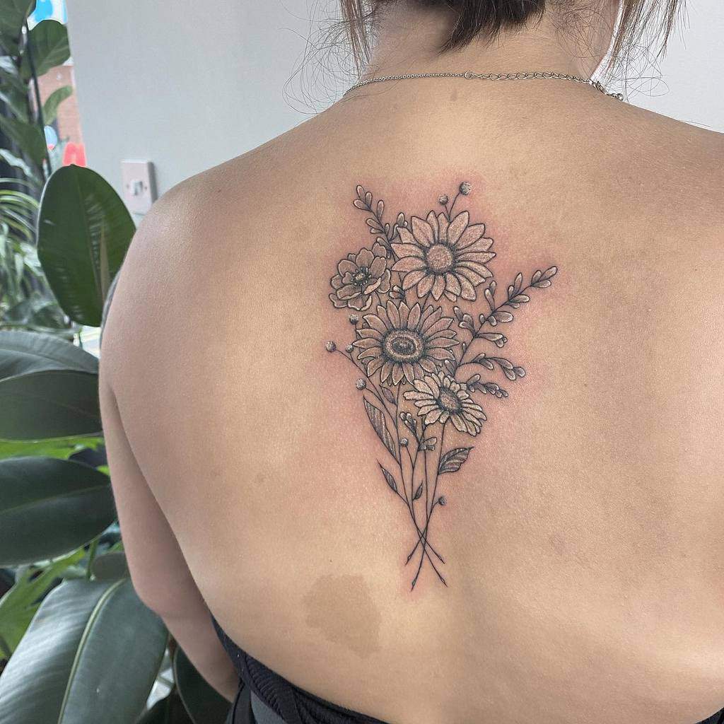 Back tattoo of flowers and leaves in black line art style