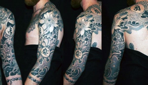 Back With Sleeve Tattoo Of Lotus Flower On Male