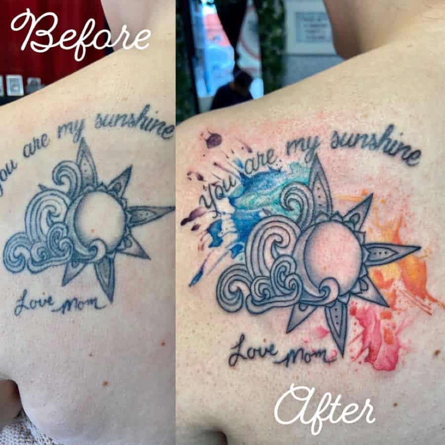 Before and after tattoo transformation: 'You are my sunshine' design enhanced with vibrant blue and orange watercolor effects