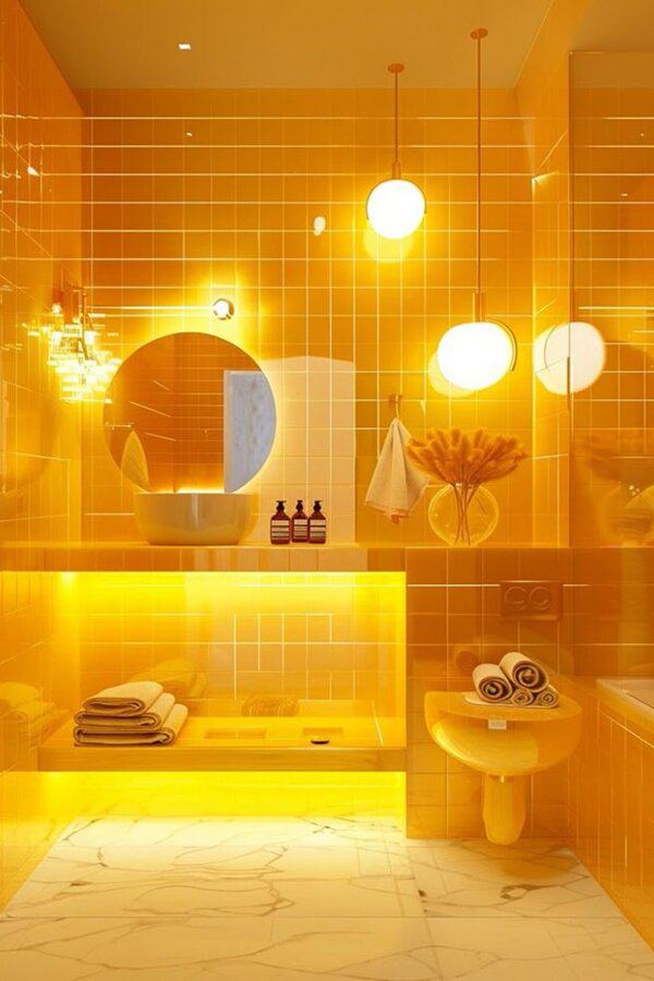 Glossy yellow tiled walls, round mirror, spherical pendant lights, and white marble floor in a modern bathroom.