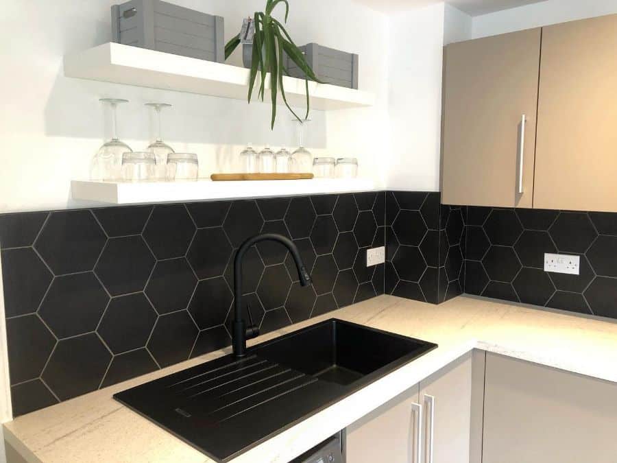 black hexagonal backsplash kitchen tiles