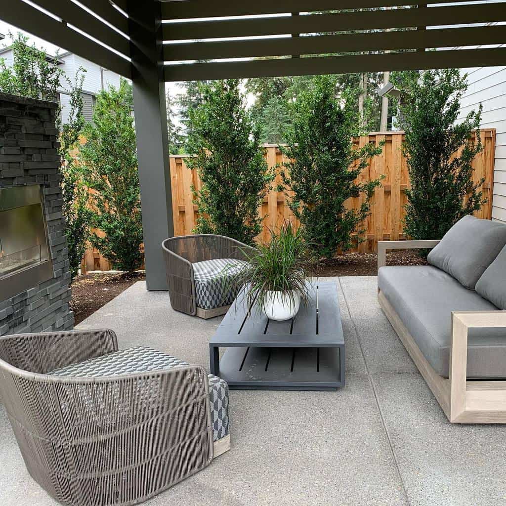 backyard covered patio fireplace cement floor