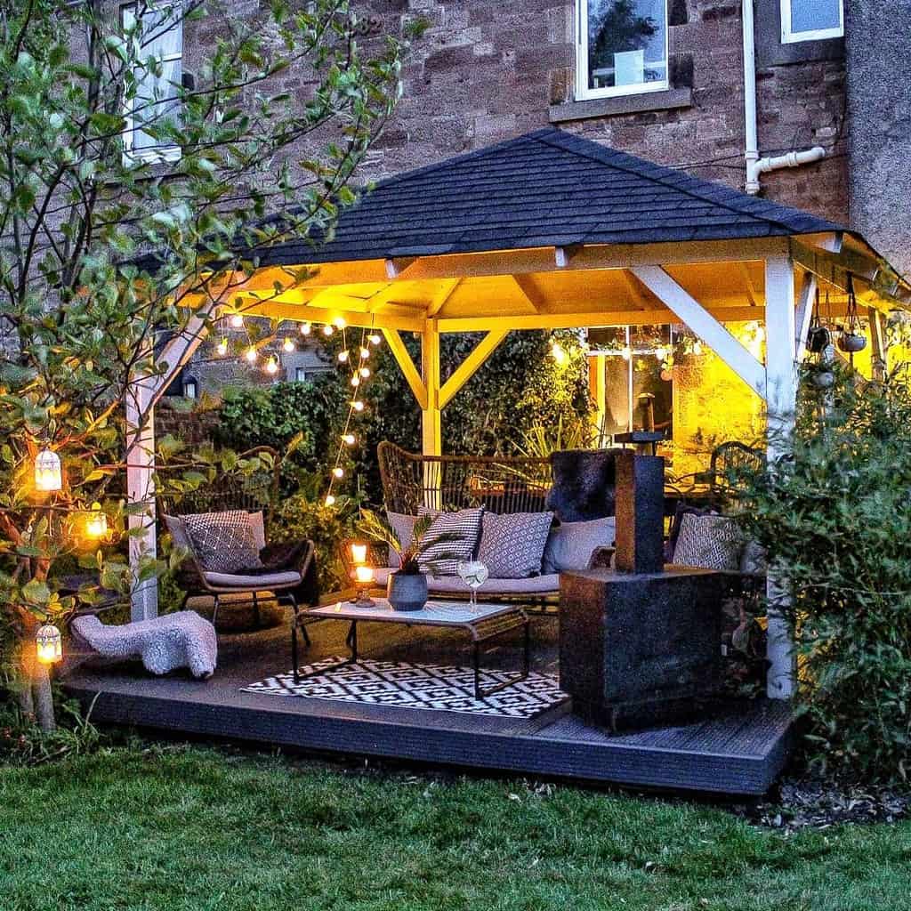 backyard covered patio tile roof hanging lights