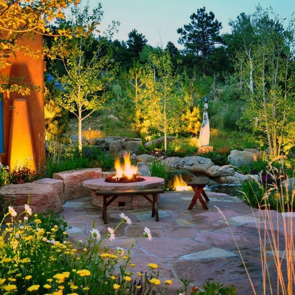 Backyard Designs Flagstone Patio With Fire Pit