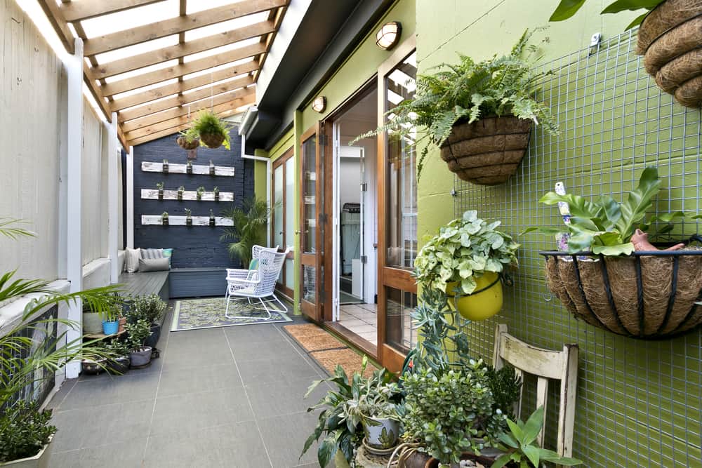 backyard enclosed patio hanging wall plants green feature wall slate paver flooring 