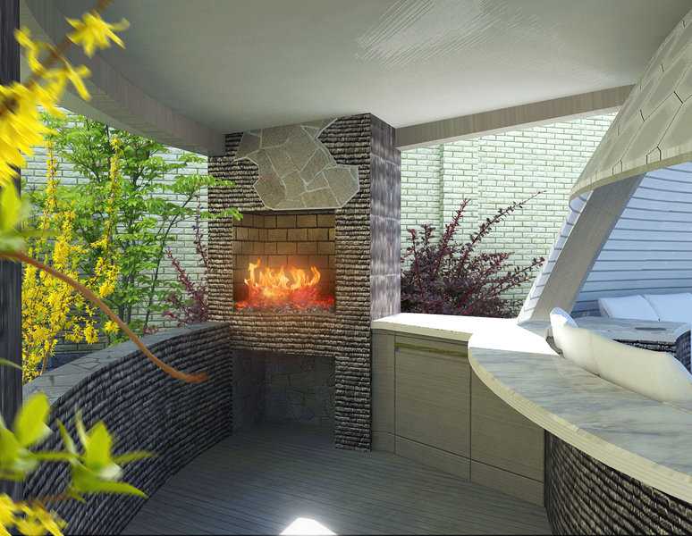 Gazebo with stone fireplace, curved bar seating, and lush greenery.